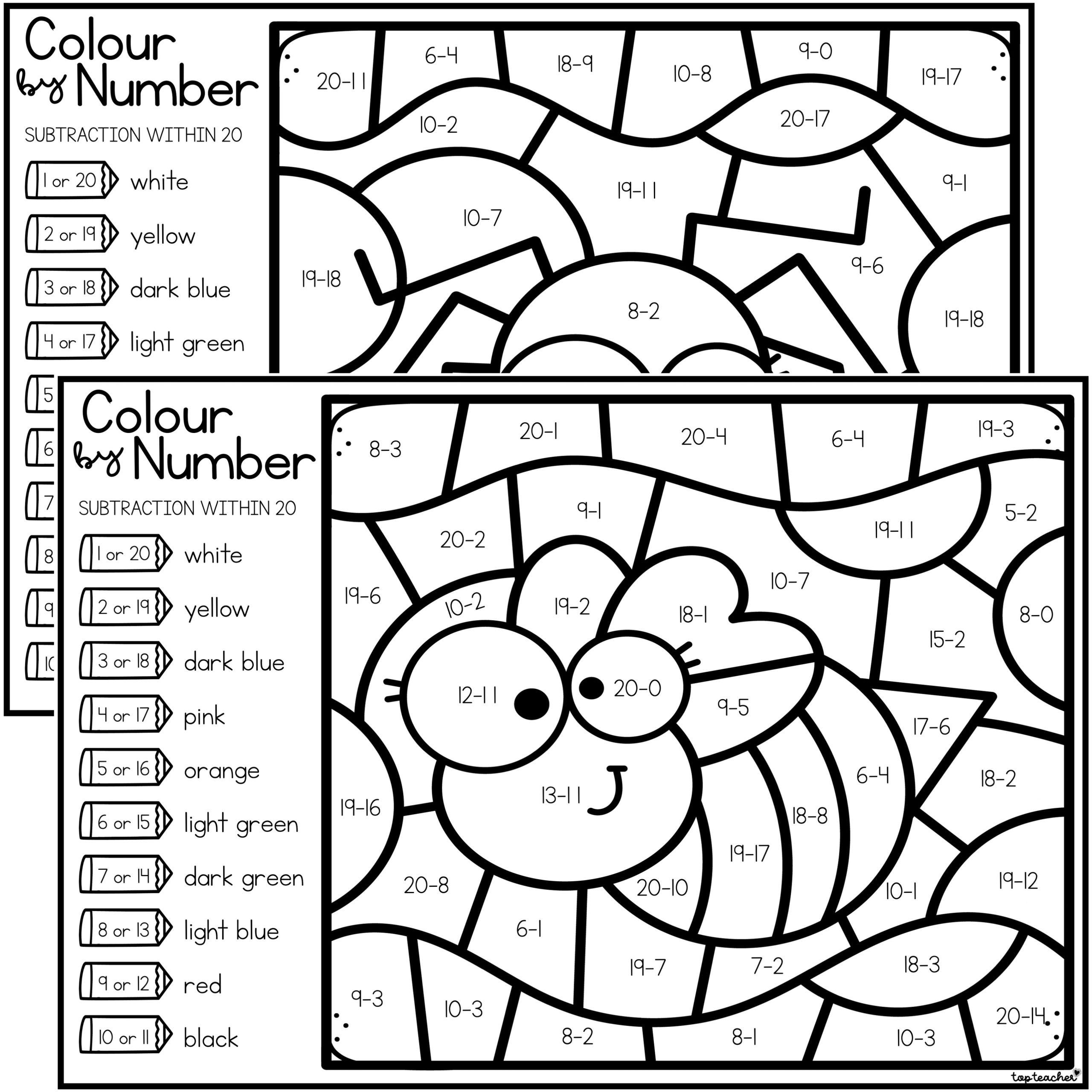 Colour by number subtract within 20 top teacher