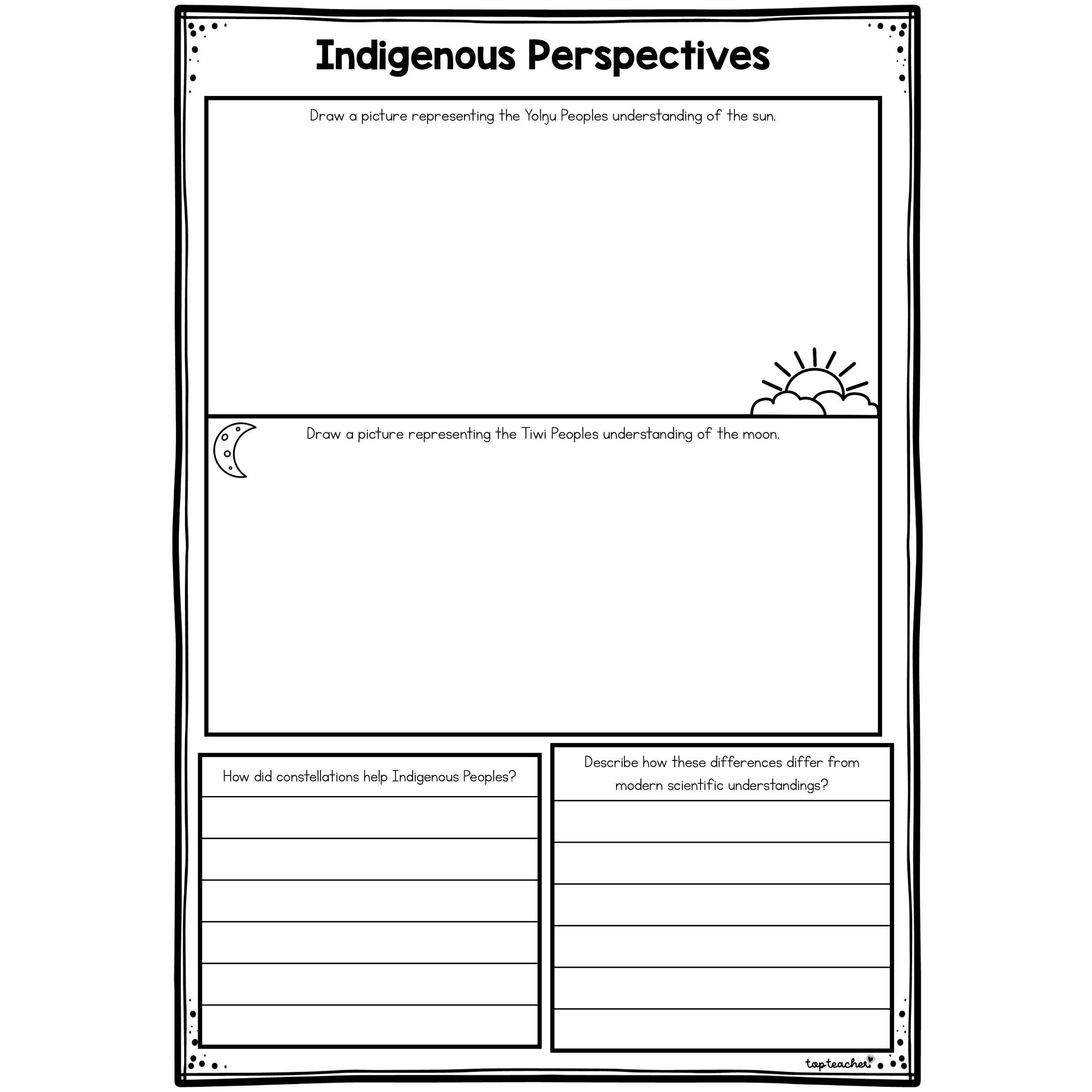 The Sun, Moon & Stars Indigenous Perspective Worksheet Top Teacher