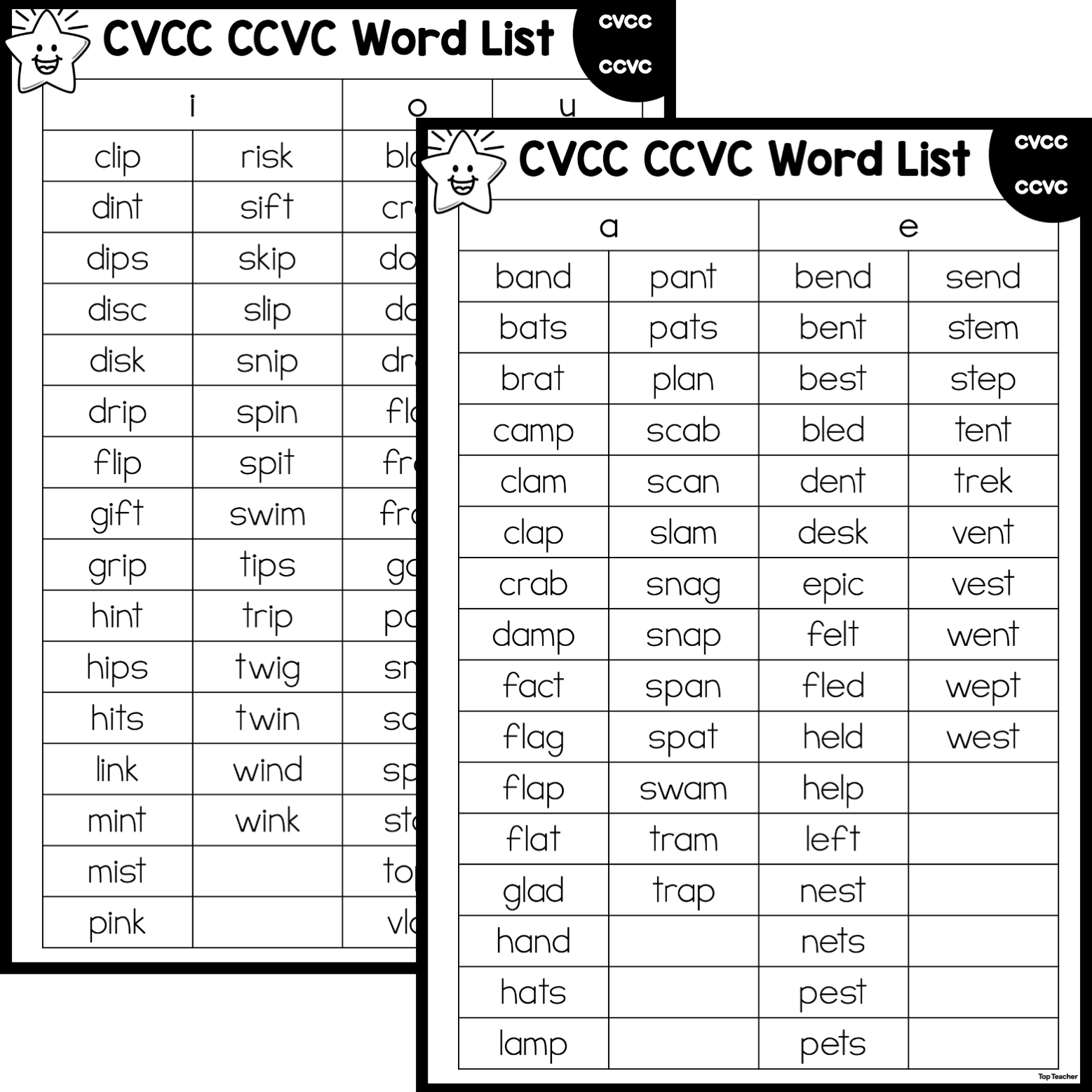 CCVC & CVCC Teacher Word Lists – Top Teacher